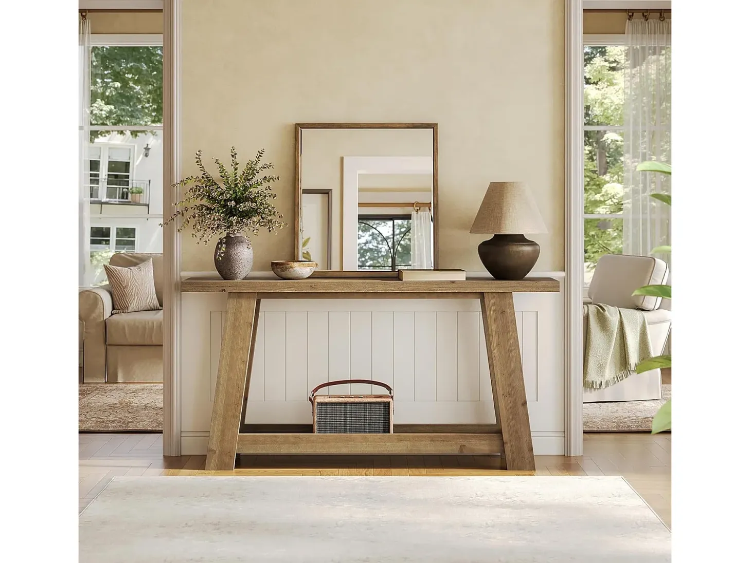 Mesa consola de madera maciza de 160 cm, mesa de entrada estilo casa de campo con estante de 2 niveles
