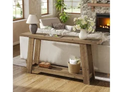 Mesa consola de madera maciza de 160 cm, mesa de entrada estilo casa de campo con estante de 2 niveles