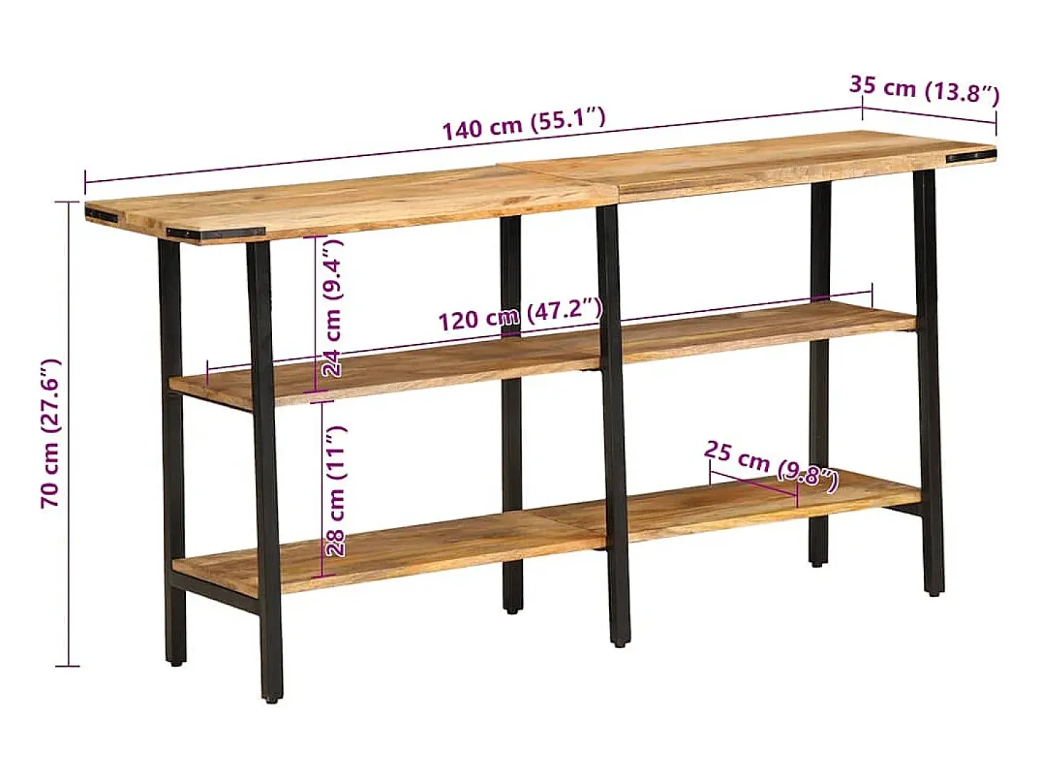 Mesa consola de madera maciza de mango 140x35x70 cm