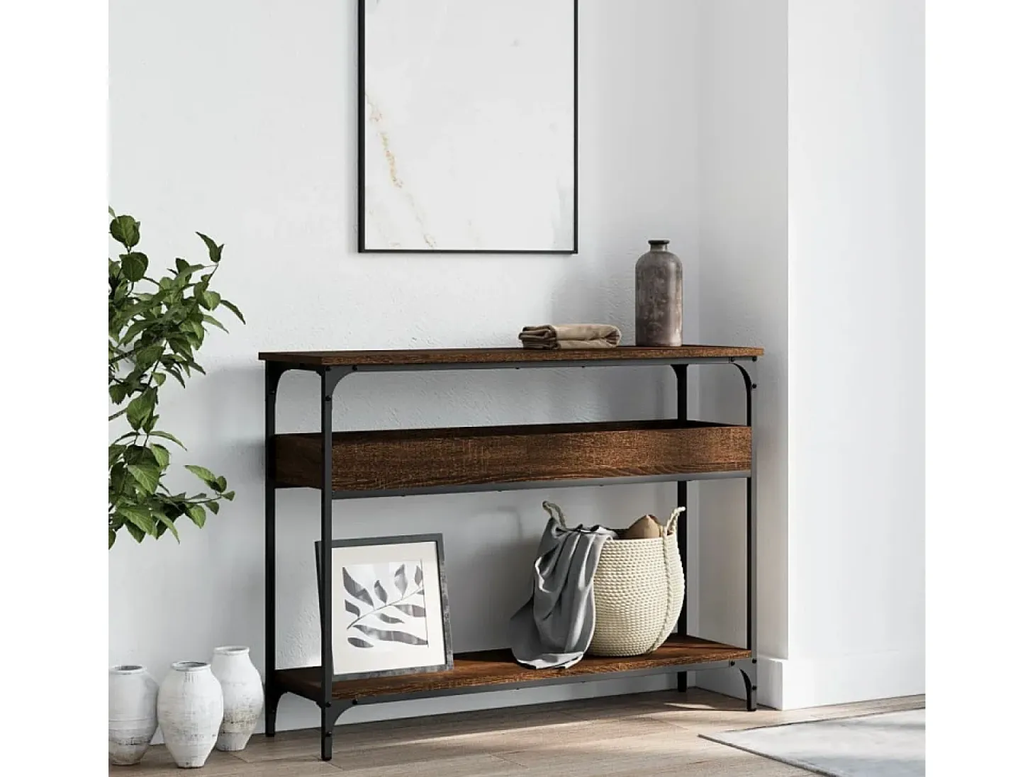 Mesa consola estante madera ingeniería marrón roble 100x29x75cm