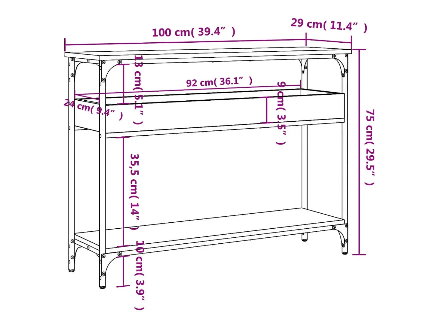 Mesa consola estante madera ingeniería marrón roble 100x29x75cm