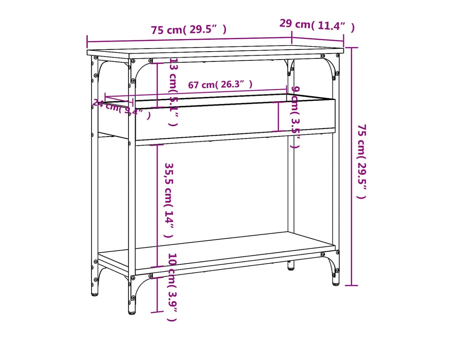 Mesa consola estante madera ingeniería marrón roble 75x29x75 cm