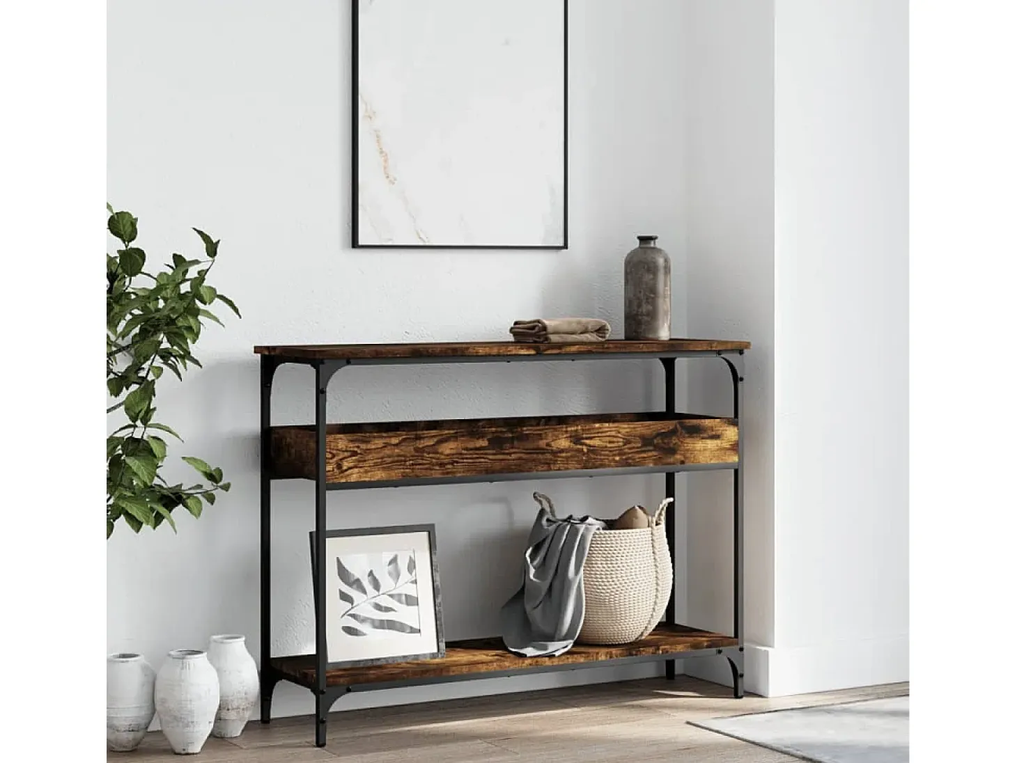 Mesa consola estante madera ingeniería roble humo 100x29x75 cm