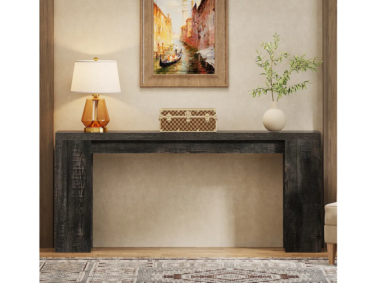 Mesa consola extra larga de 160 cm, mesa de sofá rústica detrás del sofá negra