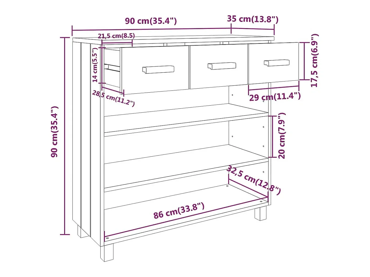 Mesa consola HAMAR madera maciza pino marrón miel 90x35x90 cm