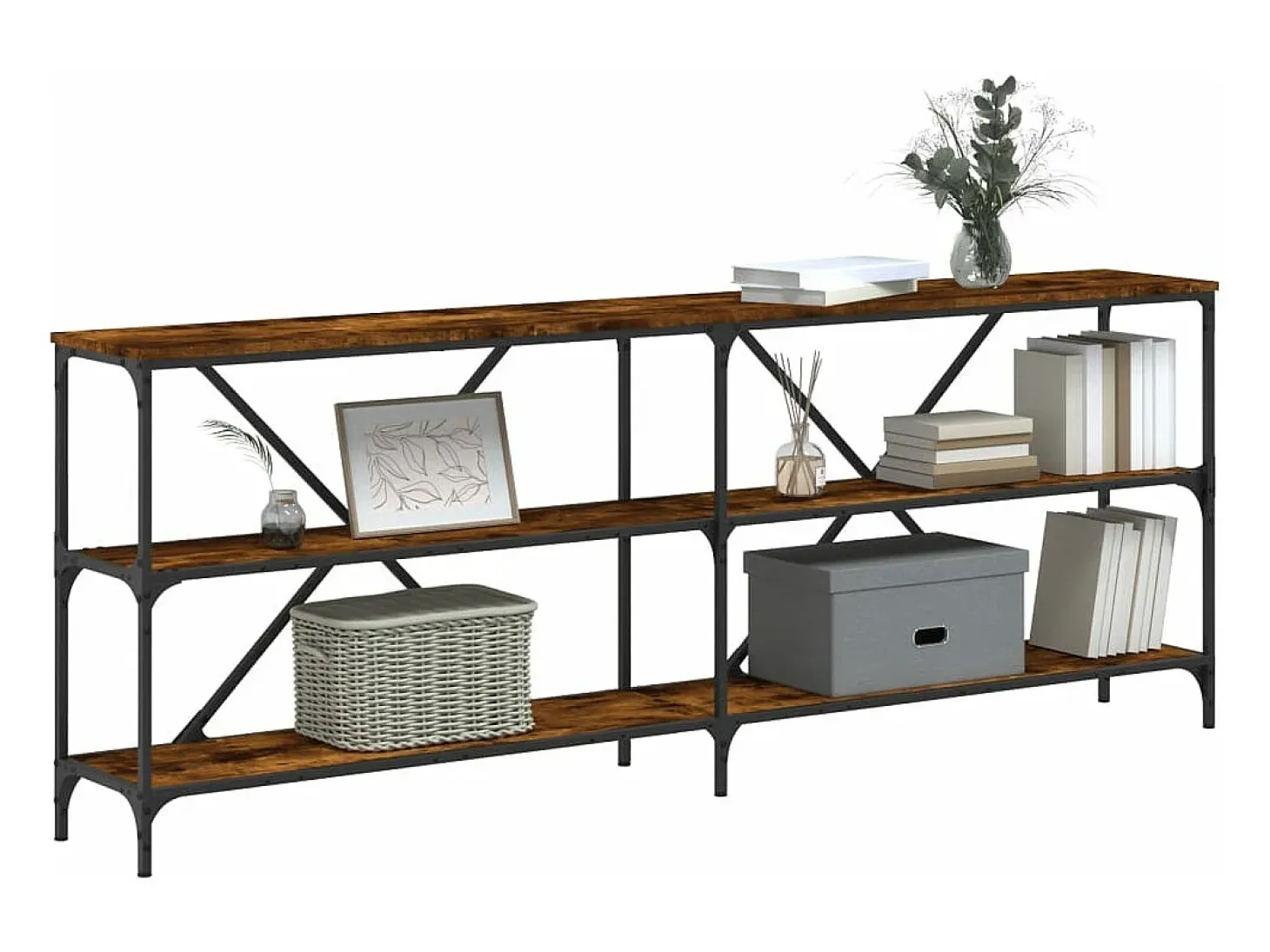 Mesa consola hierro madera ingeniería roble ahumado 200x30x75cm