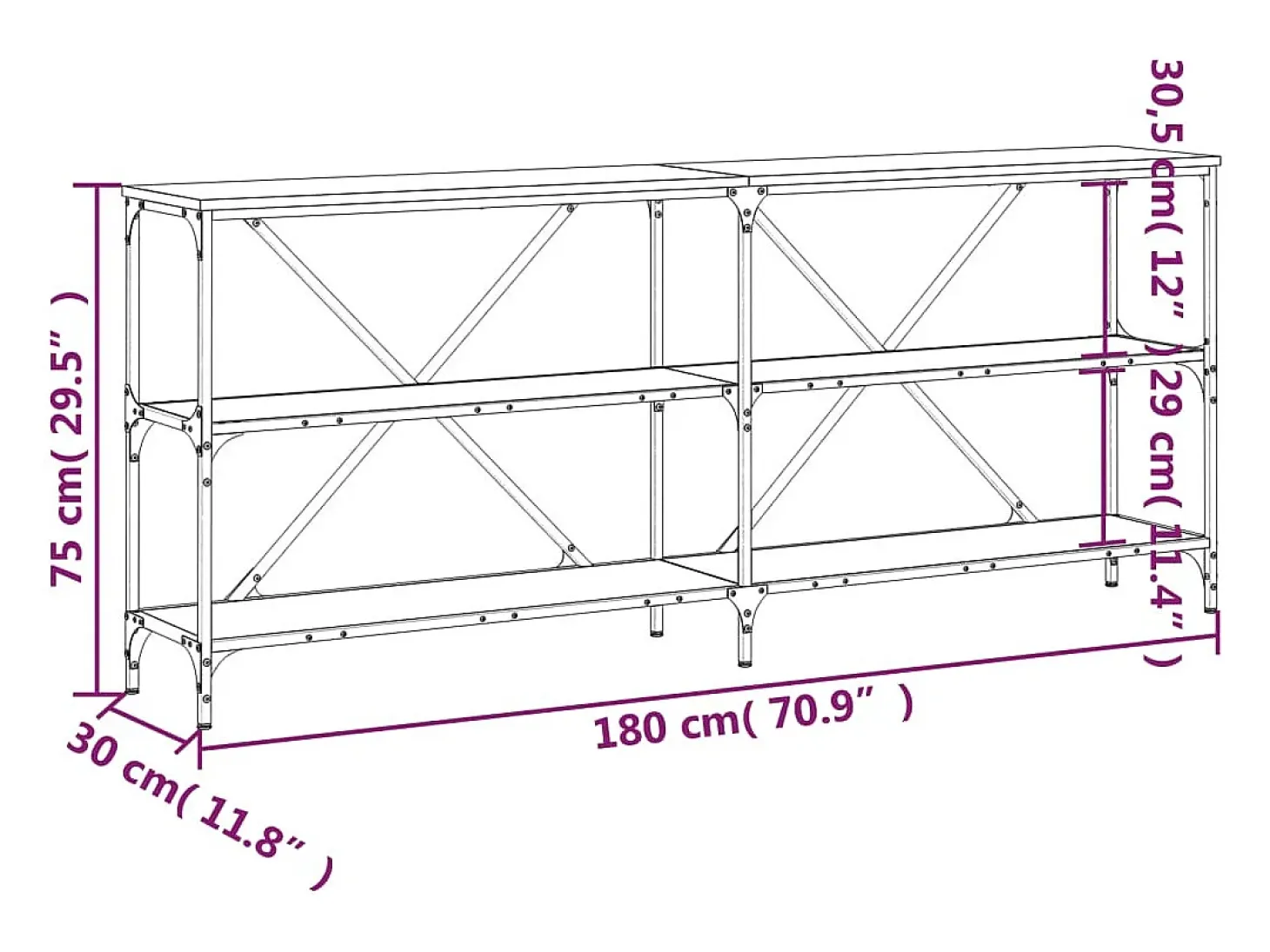Mesa consola hierro madera ingeniería roble marrón 180x30x75 cm