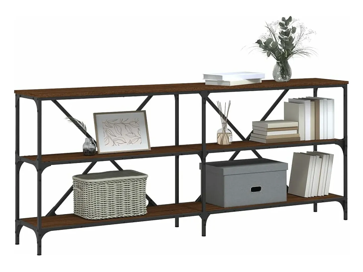 Mesa consola hierro madera ingeniería roble marrón 180x30x75 cm