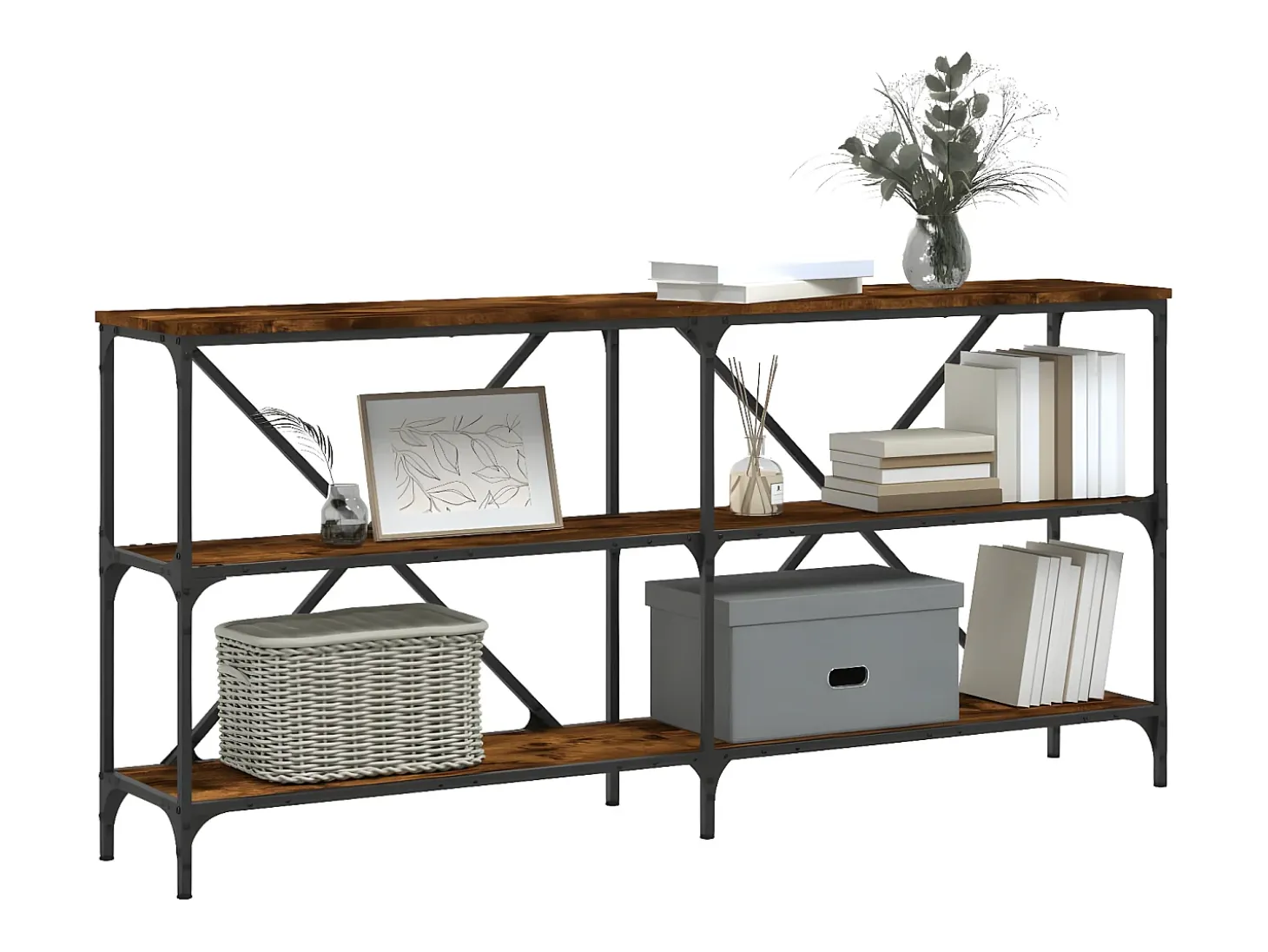 Mesa consola hierro madera ingeniería roble ahumado 160x30x75cm ES682446