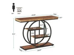 Mesa consola industrial de 4 niveles de 41,5" con base circular, mesas auxiliares estrechas de madera con estantes de almacenamiento para sala de estar, pasillo, vestíbulo, marrón rústico