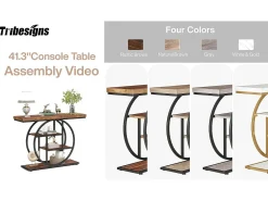 Mesa consola industrial de 4 niveles de 41,5" con base circular, mesas auxiliares estrechas de madera con estantes de almacenamiento para sala de estar, pasillo, vestíbulo, marrón rústico