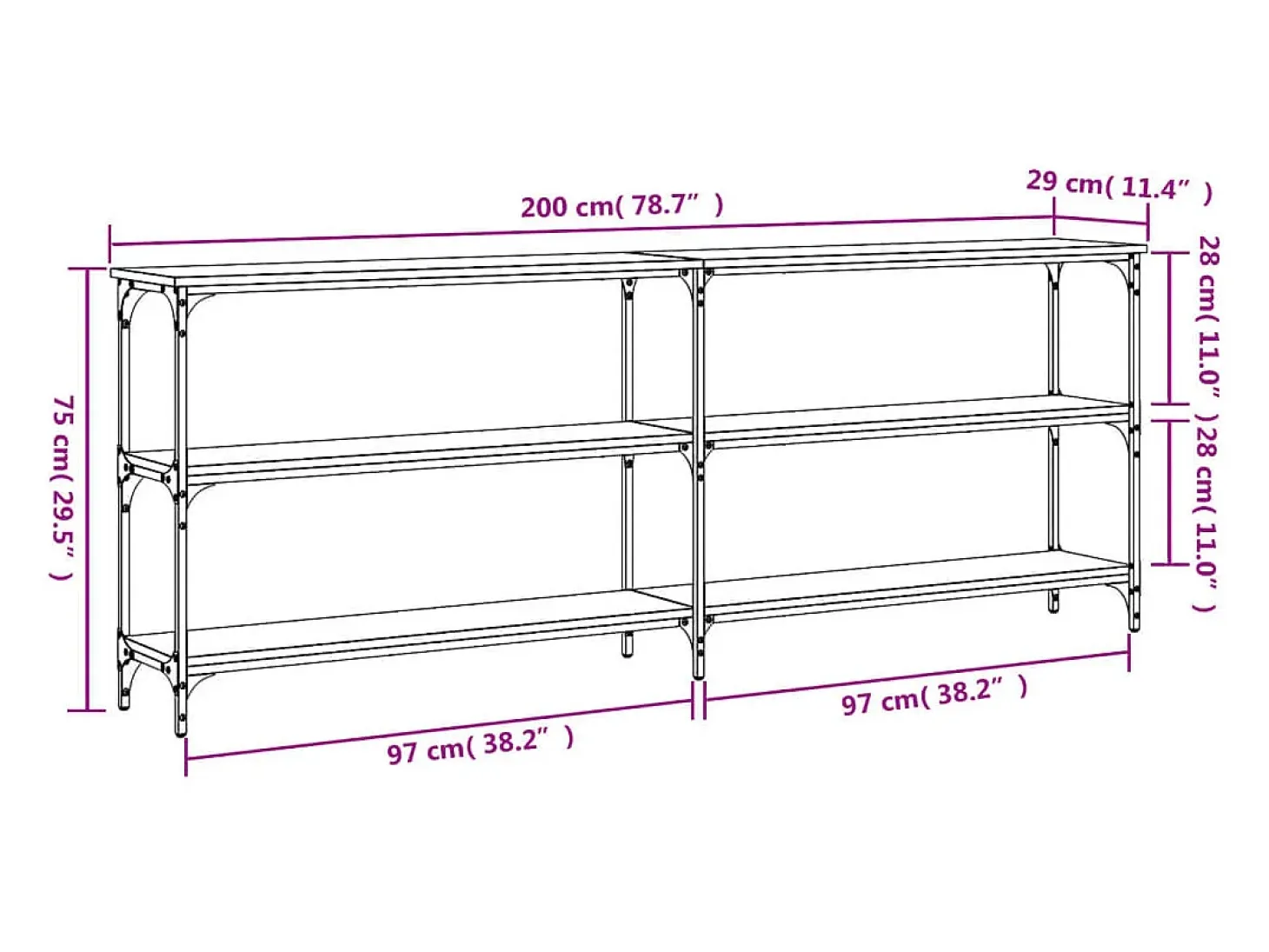 Mesa consola madera de ingeniería roble ahumado 200x29x75 cm