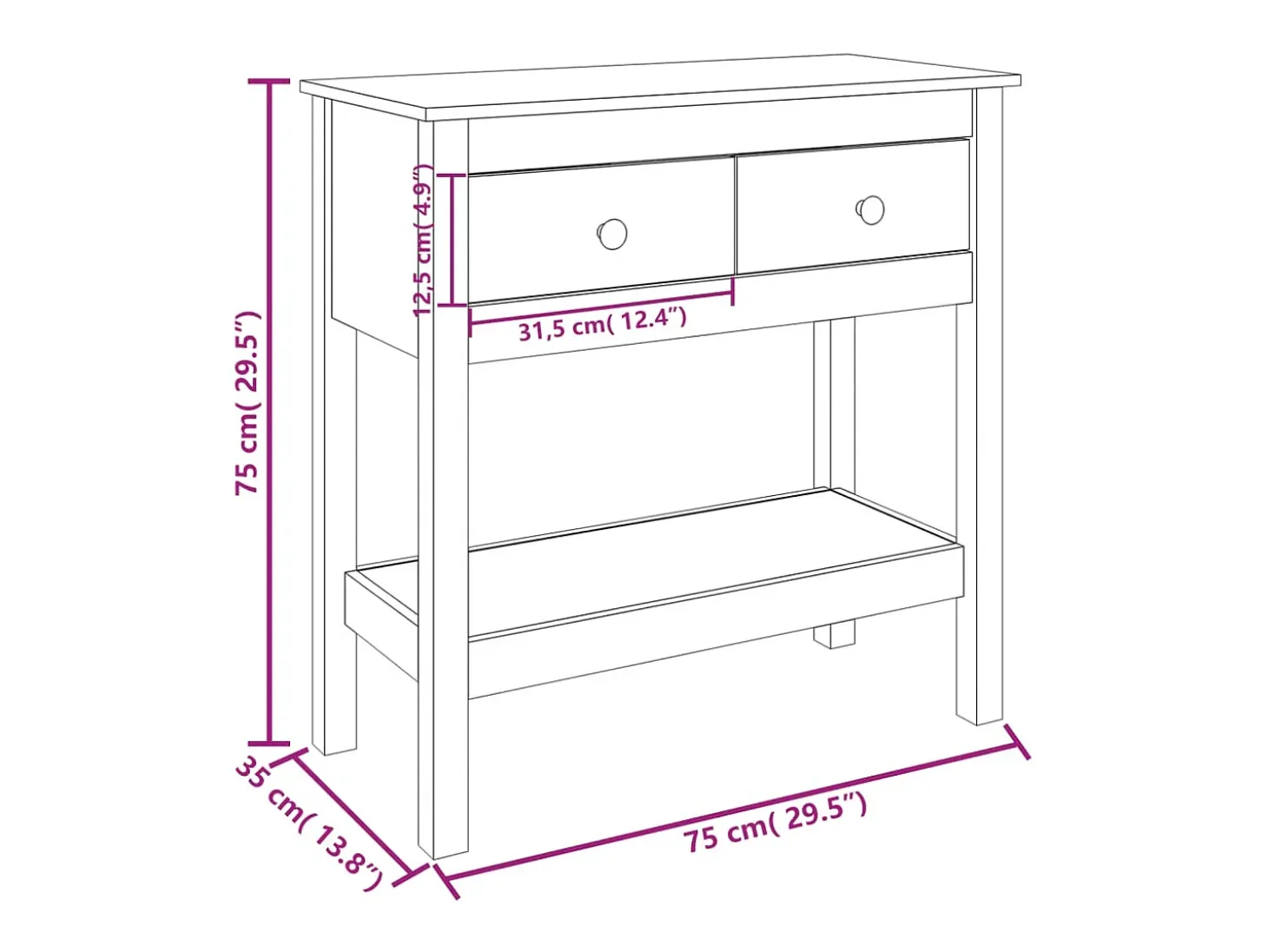 Mesa consola madera maciza de pino 75x35x75 cm