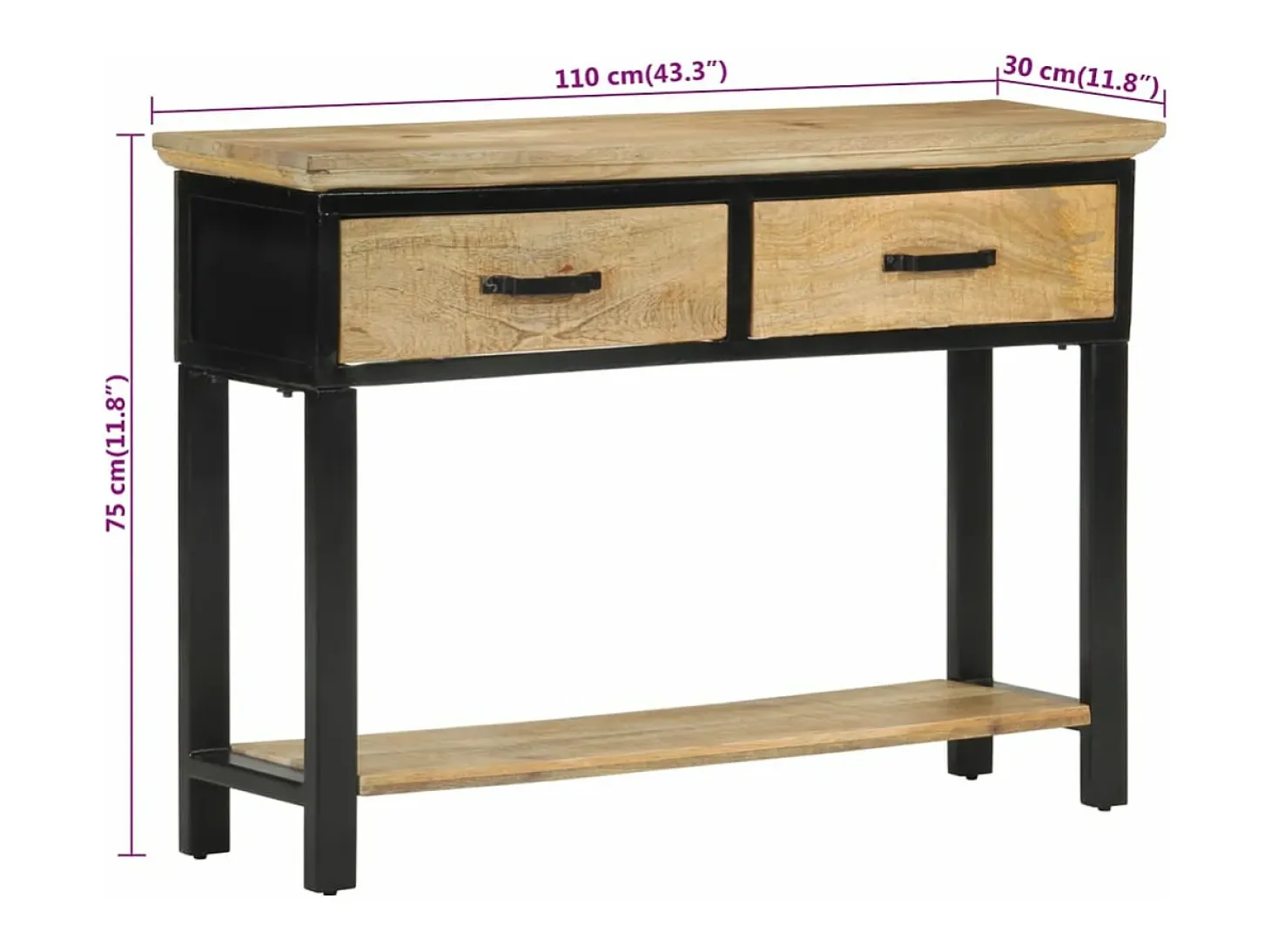 Mesa consola madera maciza de mango rugosa 110x30x75 cm