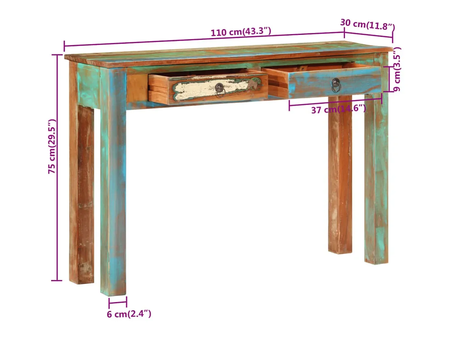 Mesa consola madera maciza reciclada 110x30x75 cm