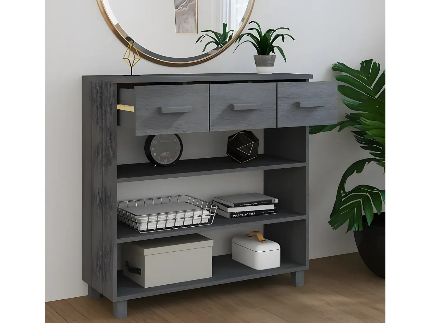 Mesa consola madera maciza de pino gris oscuro 90x35x90 cm ES505068