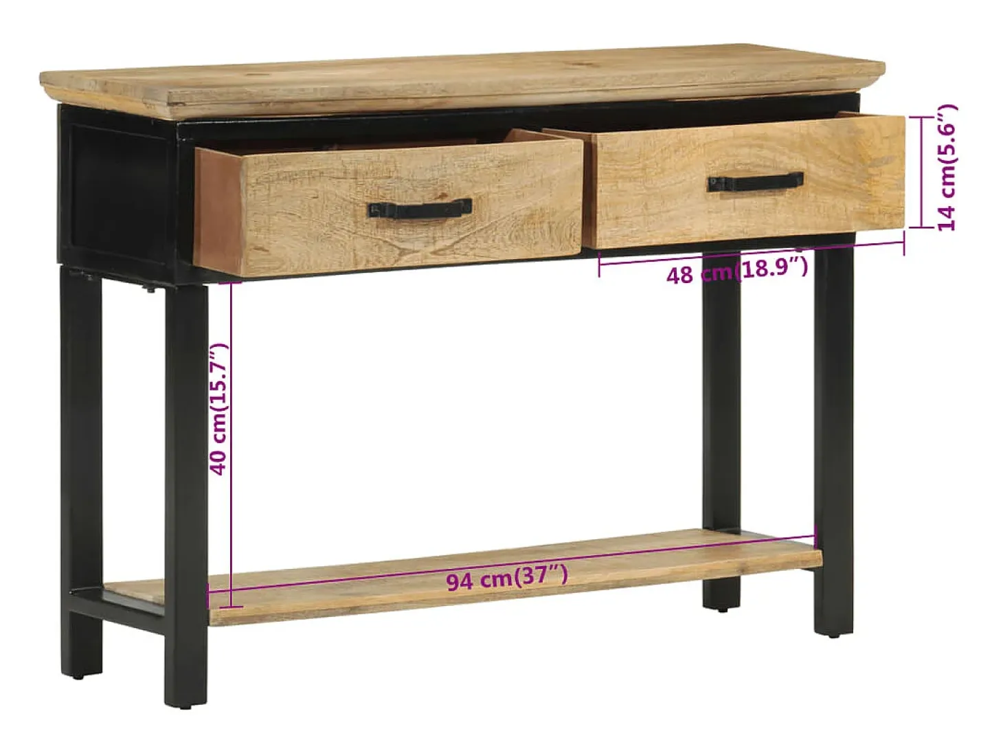 Mesa consola madera maciza de mango rugosa 110x30x75 cm