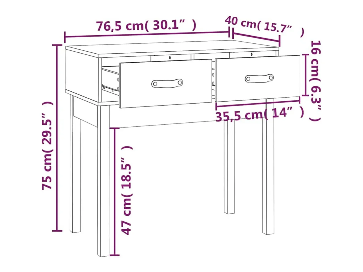 Mesa consola madera maciza de pino negro 76,5x40x75 cm
