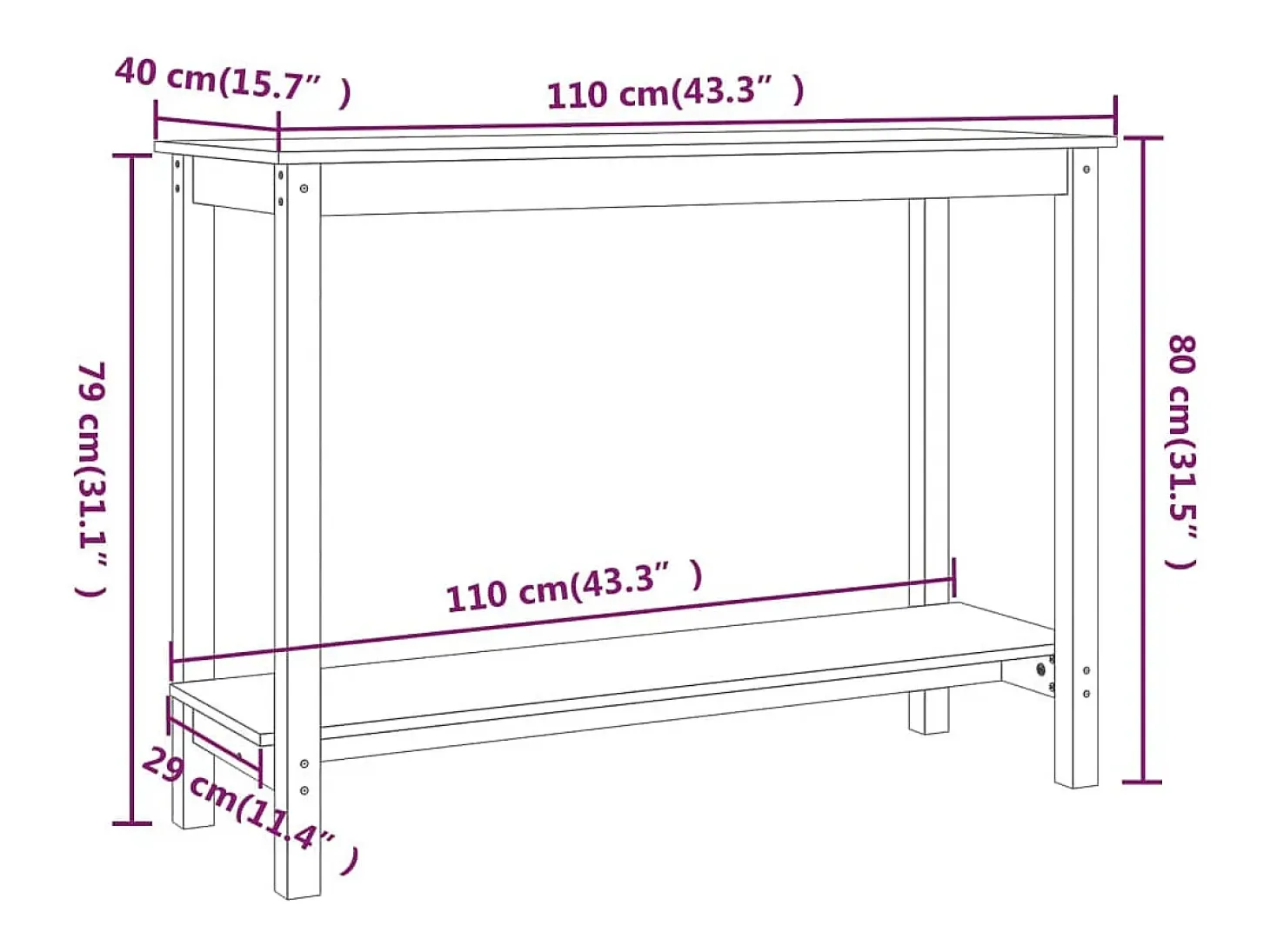 Mesa consola madera maciza de pino 110x40x80 cm