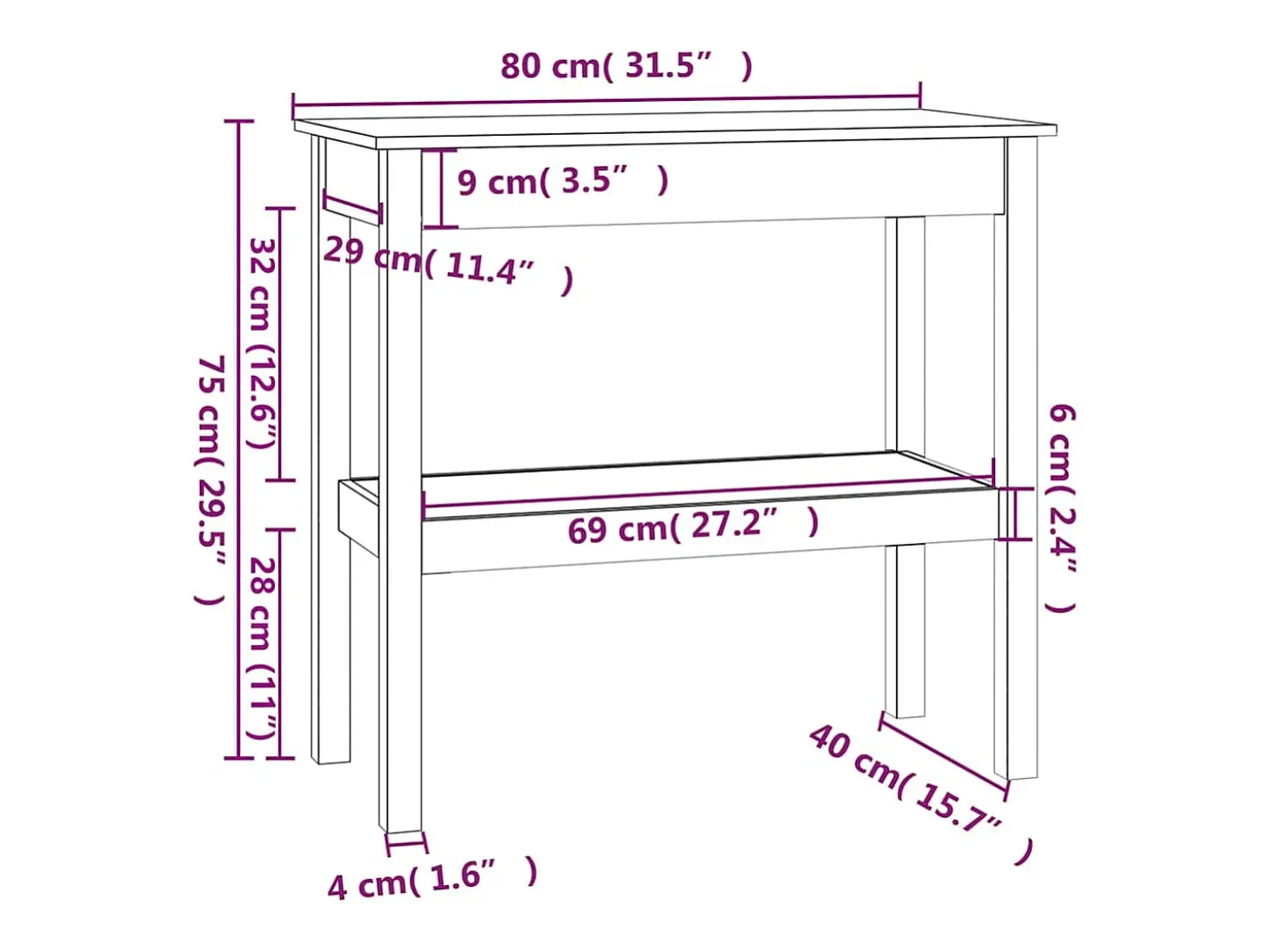 Mesa consola madera maciza de pino 80x40x75 cm