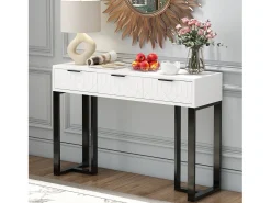 Mesa consola moderna, con 2 cajones, pies ajustables, blanco y negro