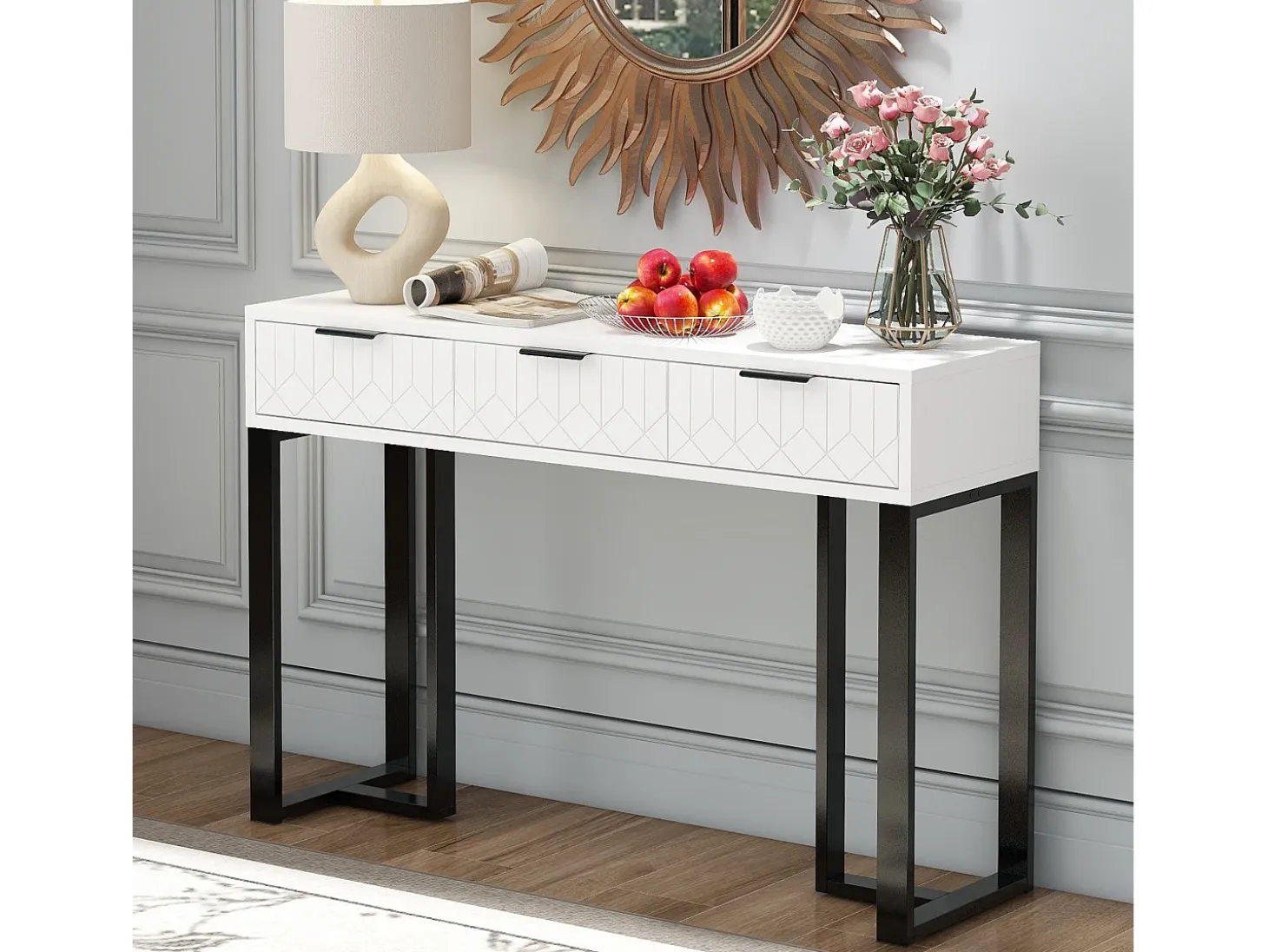 Mesa consola moderna, con 2 cajones, pies ajustables, blanco y negro