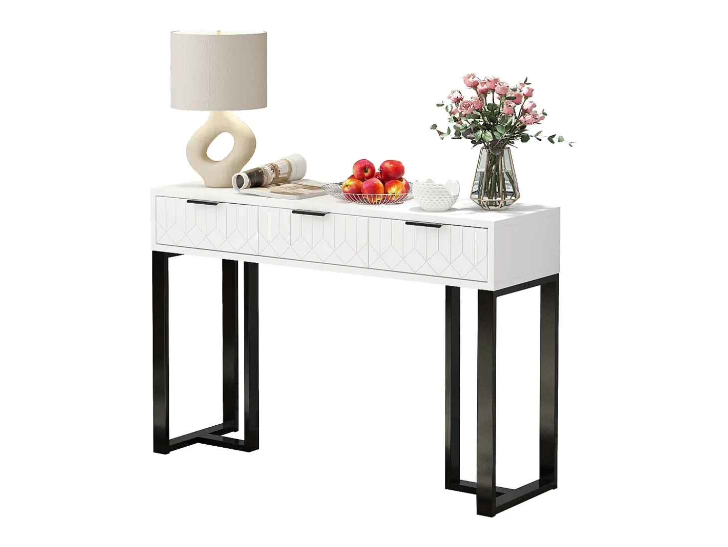 Mesa consola moderna, con 2 cajones, pies ajustables, blanco y negro