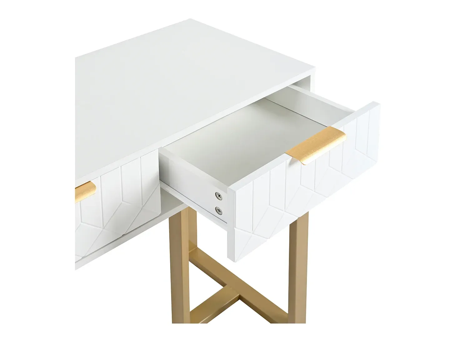 Mesa consola moderna con 2 cajones y patas ajustables, blanco y dorado
