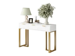 Mesa consola moderna con 3 cajones - 120 x 36 x 80 cm - MDF - para salón, pasillo - blanco + dorado