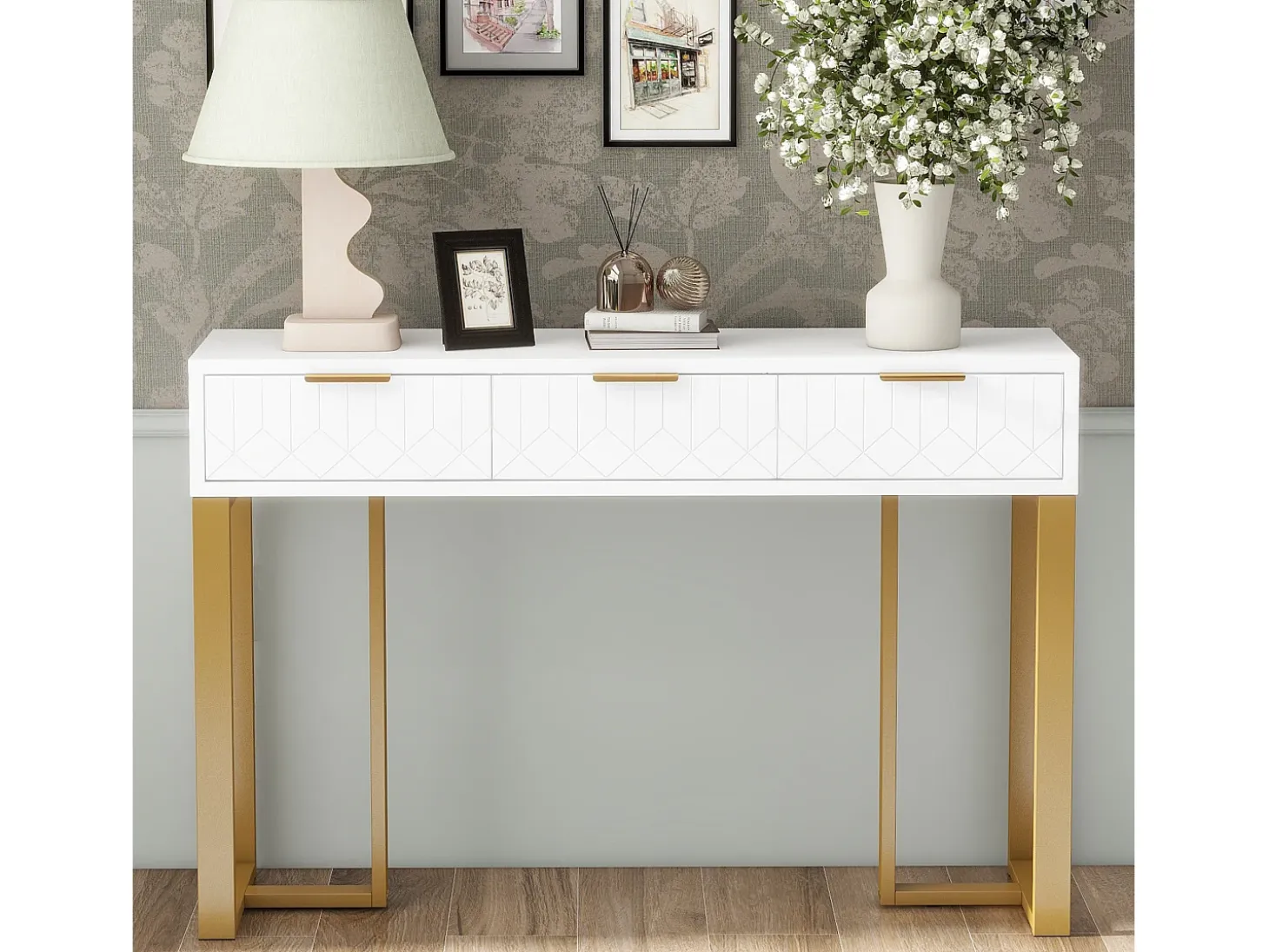 Mesa consola moderna con 3 cajones - 120 x 36 x 80 cm - MDF - para salón, pasillo - blanco + dorado