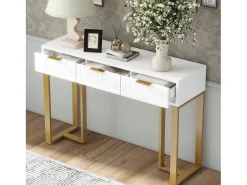 Mesa consola moderna con 3 cajones - 120 x 36 x 80 cm - MDF - para salón, pasillo - blanco + dorado