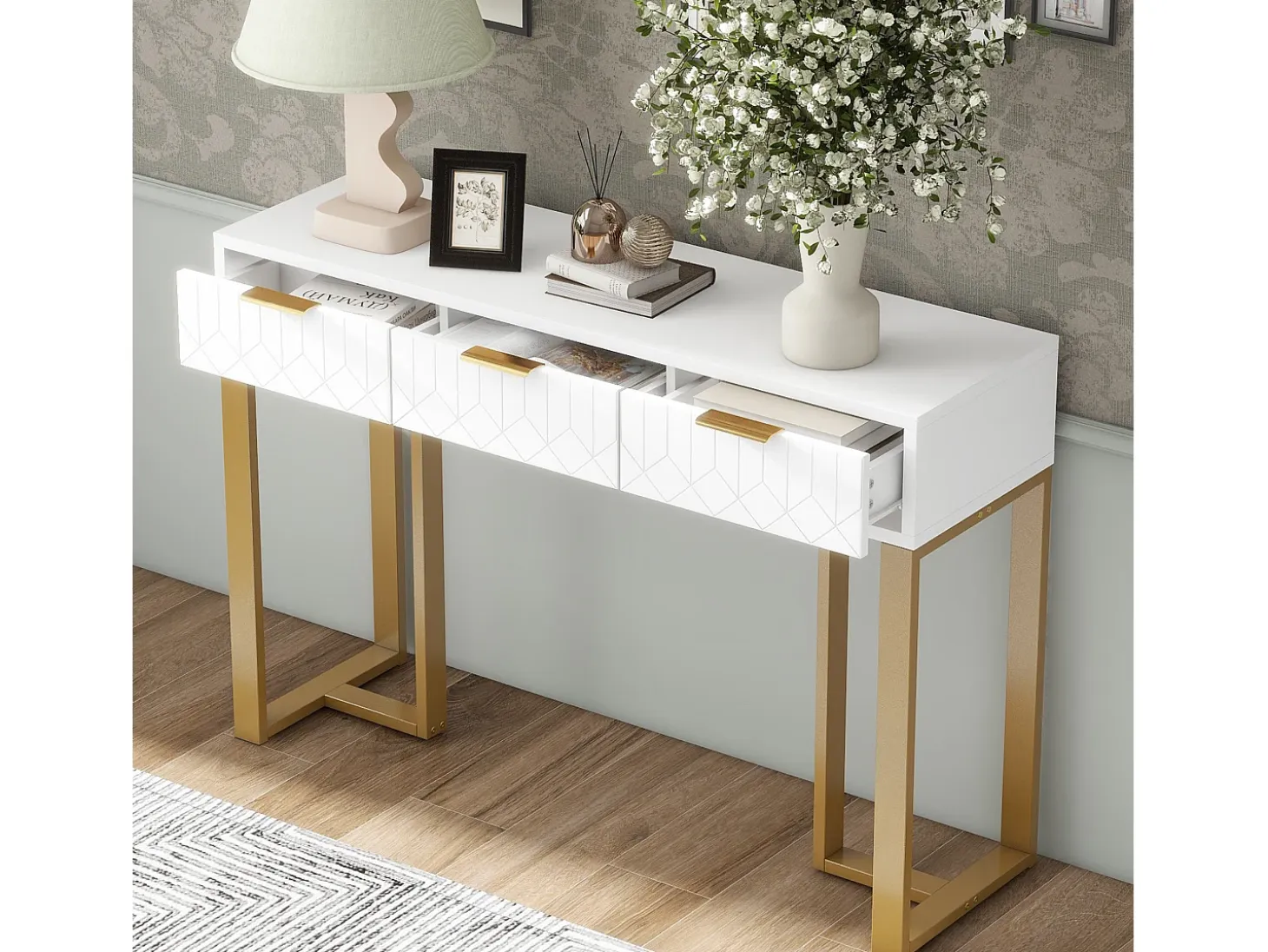 Mesa consola moderna con 3 cajones - 120 x 36 x 80 cm - MDF - para salón, pasillo - blanco + dorado