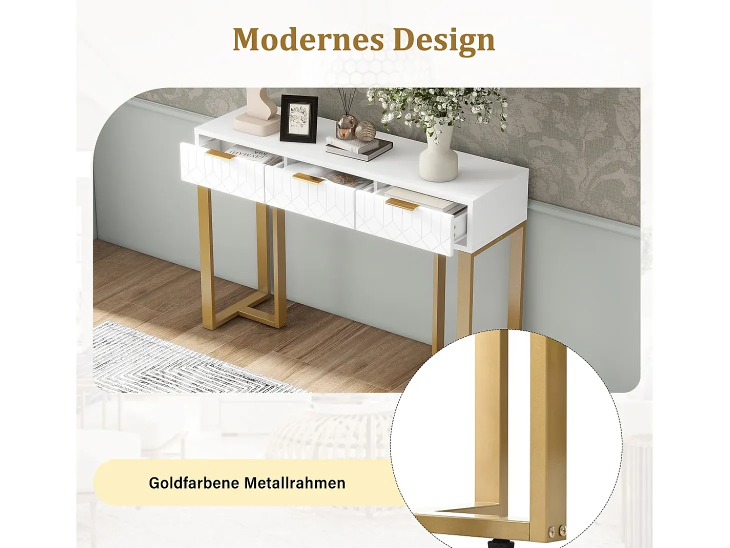 Mesa consola moderna con 3 cajones - 120 x 36 x 80 cm - MDF - para salón, pasillo - blanco + dorado