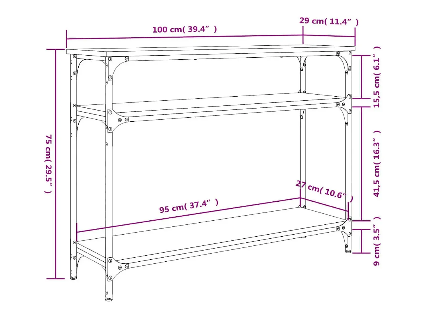 Mesa consola negra 100x29x75 cm madera de ingeniería