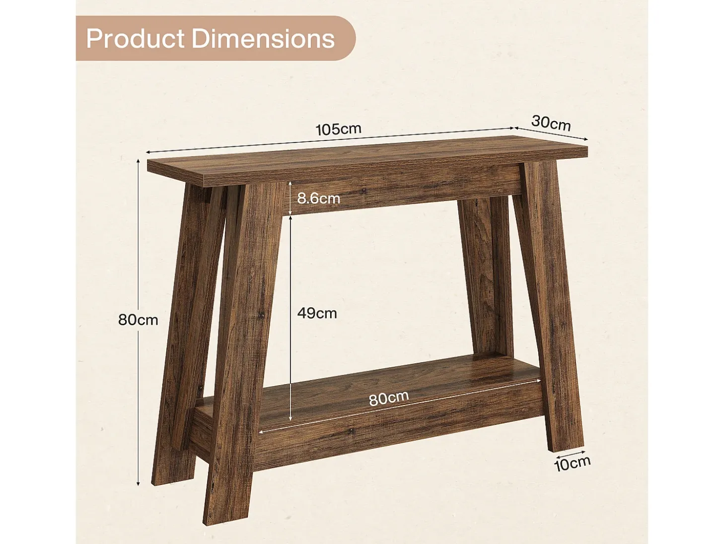 Mesa consola rústica de 105 cm, mesa de entrada de 2 niveles con almacenamiento