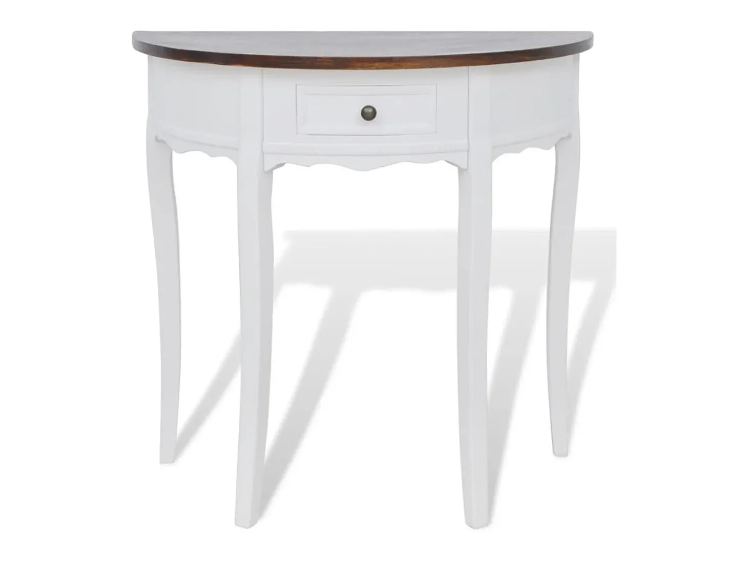 Mesa consola semicircular con cajón blanca y superficie marrón