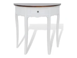 Mesa consola semicircular con cajón blanca y superficie marrón