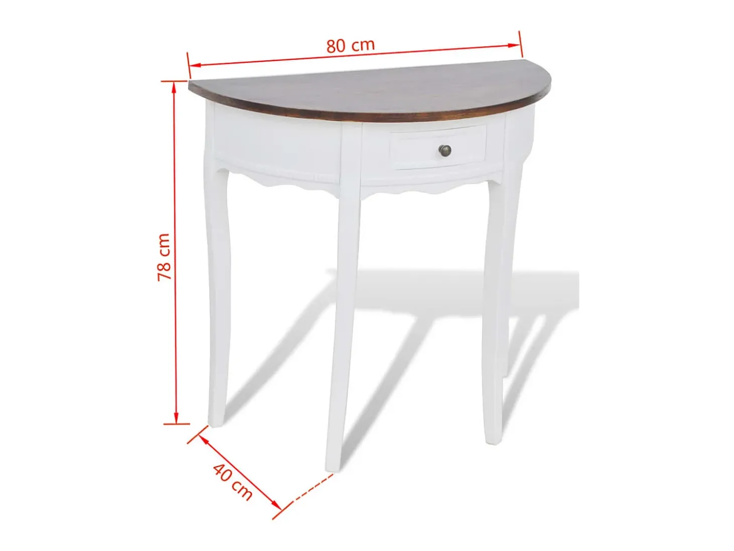 Mesa consola semicircular con cajón blanca y superficie marrón