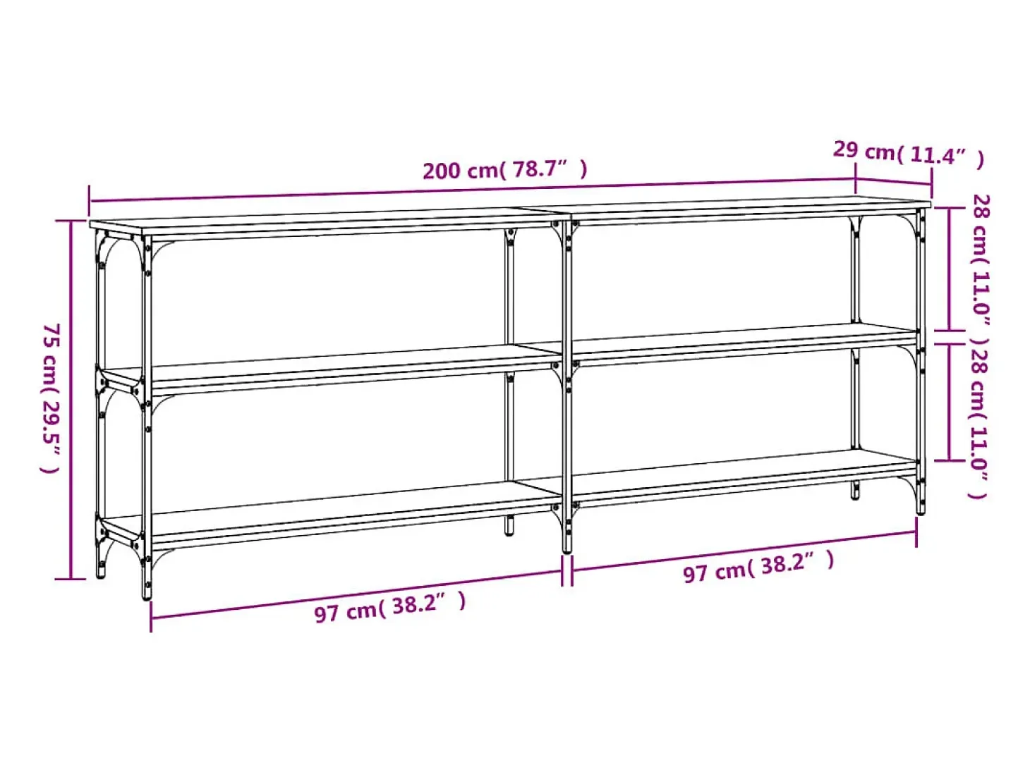 Mesa consola Sonoma gris 200x29x75 cm madera de ingeniería