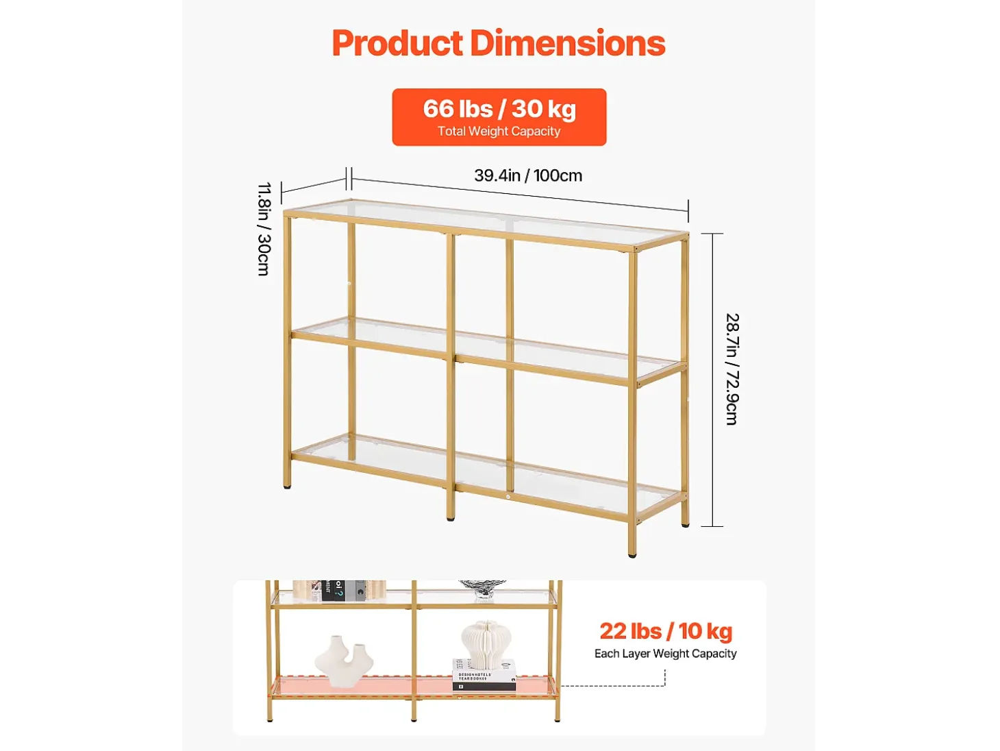 Mesa Consola SucceBuy de Vidrio de 3 Niveles, Mesita Auxiliar Rectangular Moderna con Bandejas de Vidrio Templado, Estructura de Hierro, Ideal para Entrada