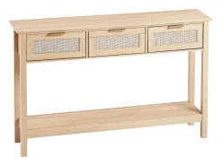 Mesa Consola SucceBuy de Ratán con 3 Cajones y Puerta Corredera, Acabado Natural