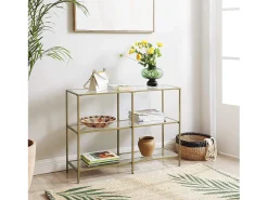 Mesa consola Valora LGT27G con estantes de cristal dorado