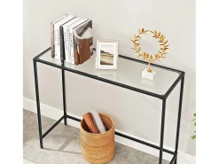 Mesa consola Valora para salón, de cristal negro y metal.