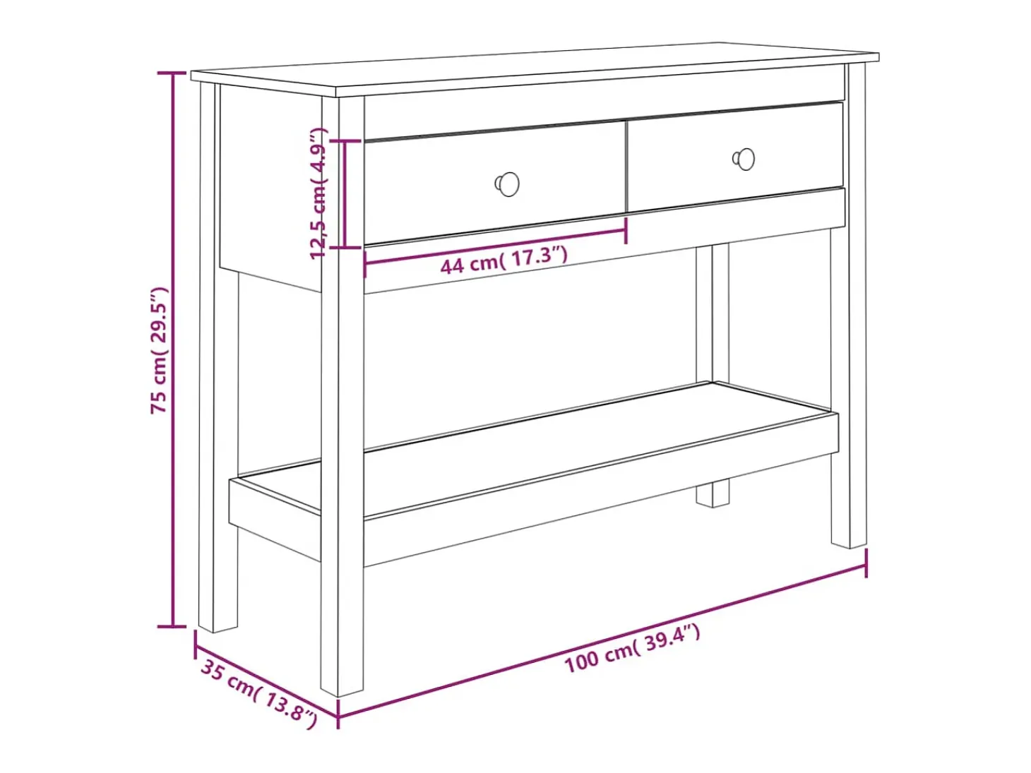Mesa consola 100x35x75 cm Madera maciza de pino