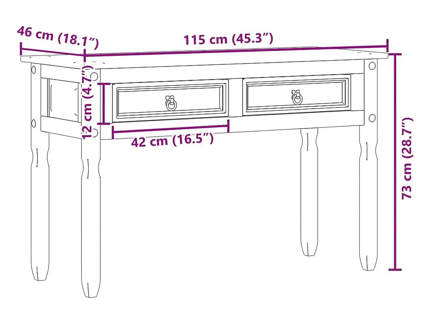 Mesa consola 115x46x73 cm madera maciza de pino