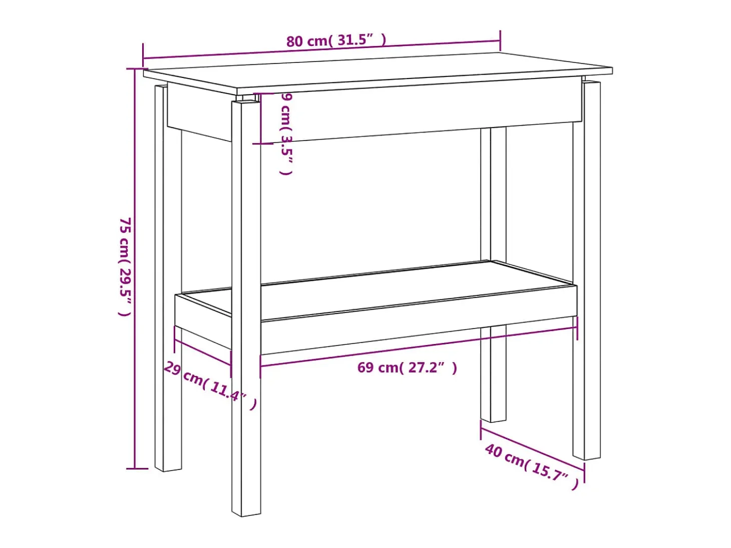 Mesa consola 80x40x75 cm Madera maciza de pino