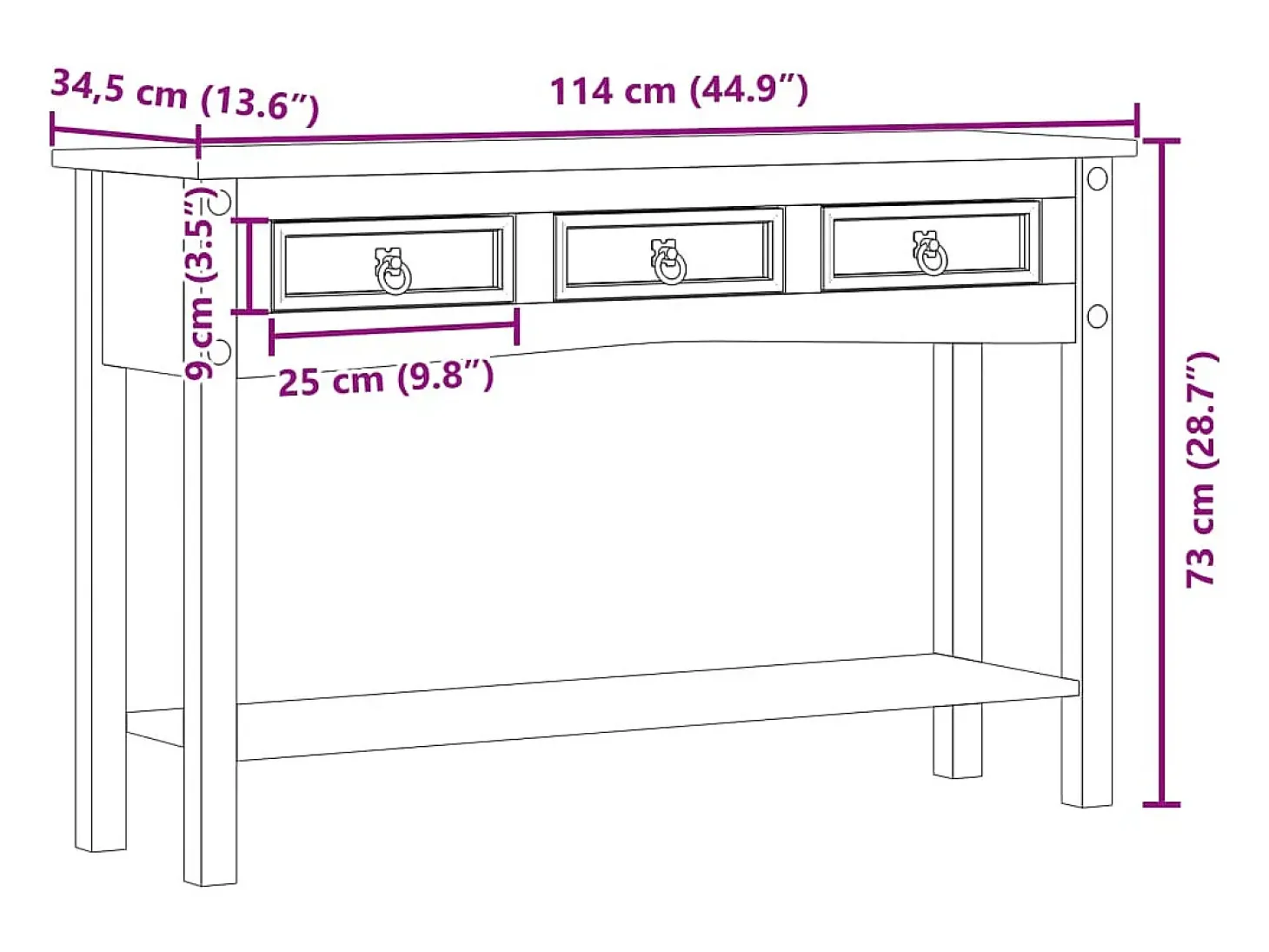 Mesa consola 114x34,5x73 cm madera maciza de pino