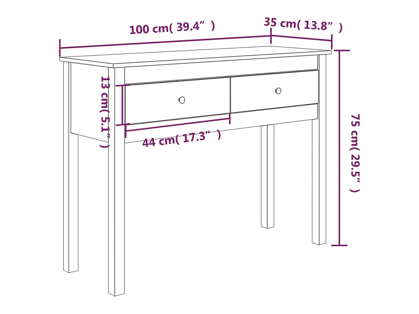 Mesa consola 100x35x75 cm Madera maciza de pino
