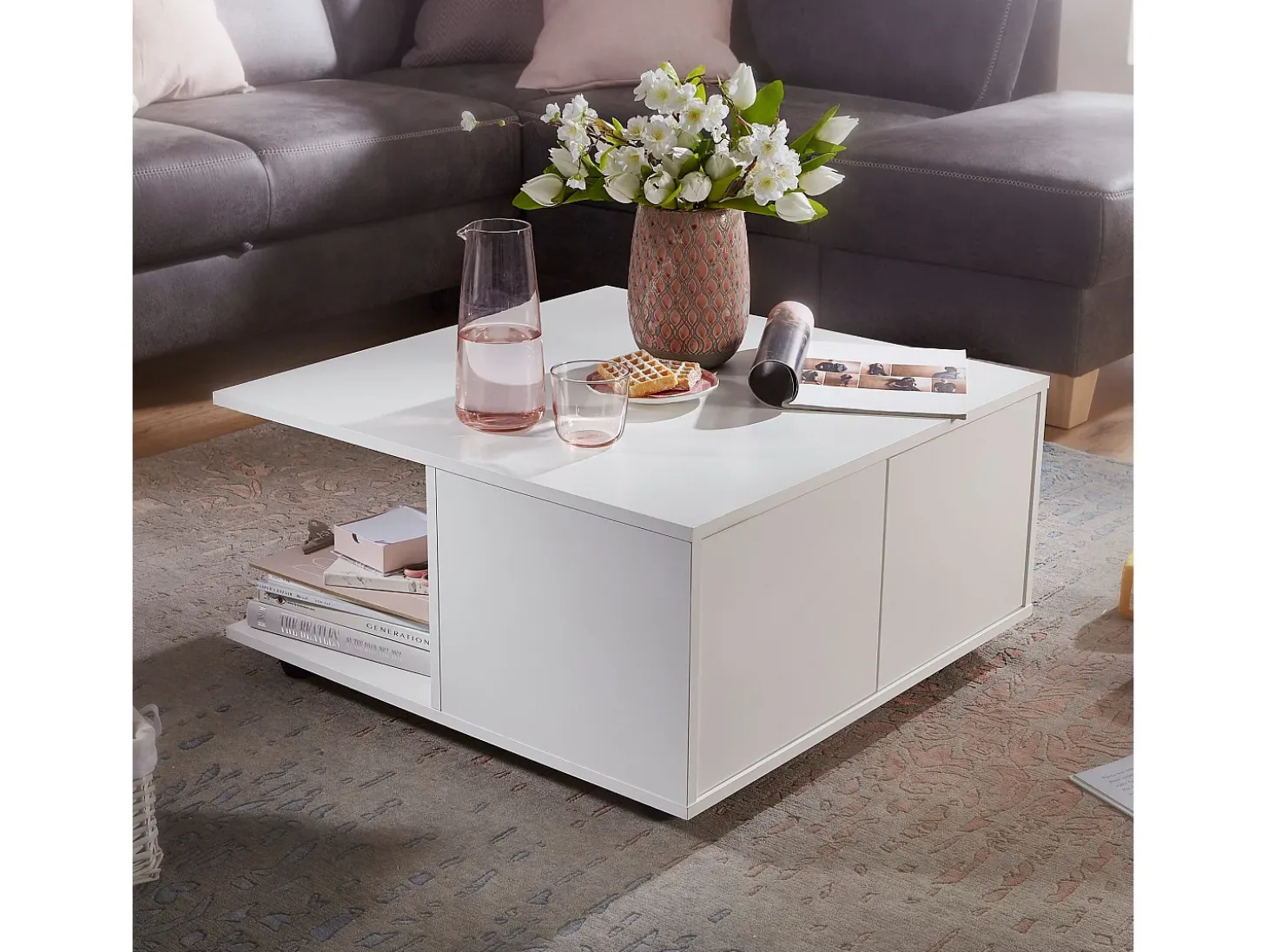 mesa de diseño 70x70 cm blanco | Mesa de salón con 2 cajones | Mesa de centro con ruedas | Mesa con 2 compartimentos.