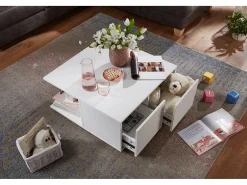 mesa de diseño 70x70 cm blanco | Mesa de salón con 2 cajones | Mesa de centro con ruedas | Mesa con 2 compartimentos.